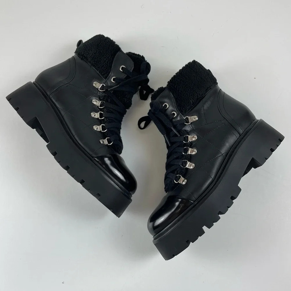 NEW Steve Madden Reyen Boots Womens 8M Black Leather Faux Fur - Picture 4 of 8